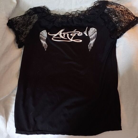 Black lace and stretch cotton angel top - Picture 1 of 4